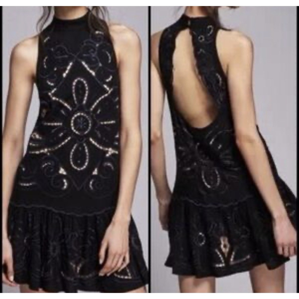 Free People Y2K  Mini Dress Sz S Black Embroidered Crochet Open Back $165 - Picture 2 of 12